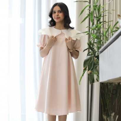 صورة فستان بناتي مخطط بتصميم خصر مفتوح ودلعة بيضاء راقية - 1226